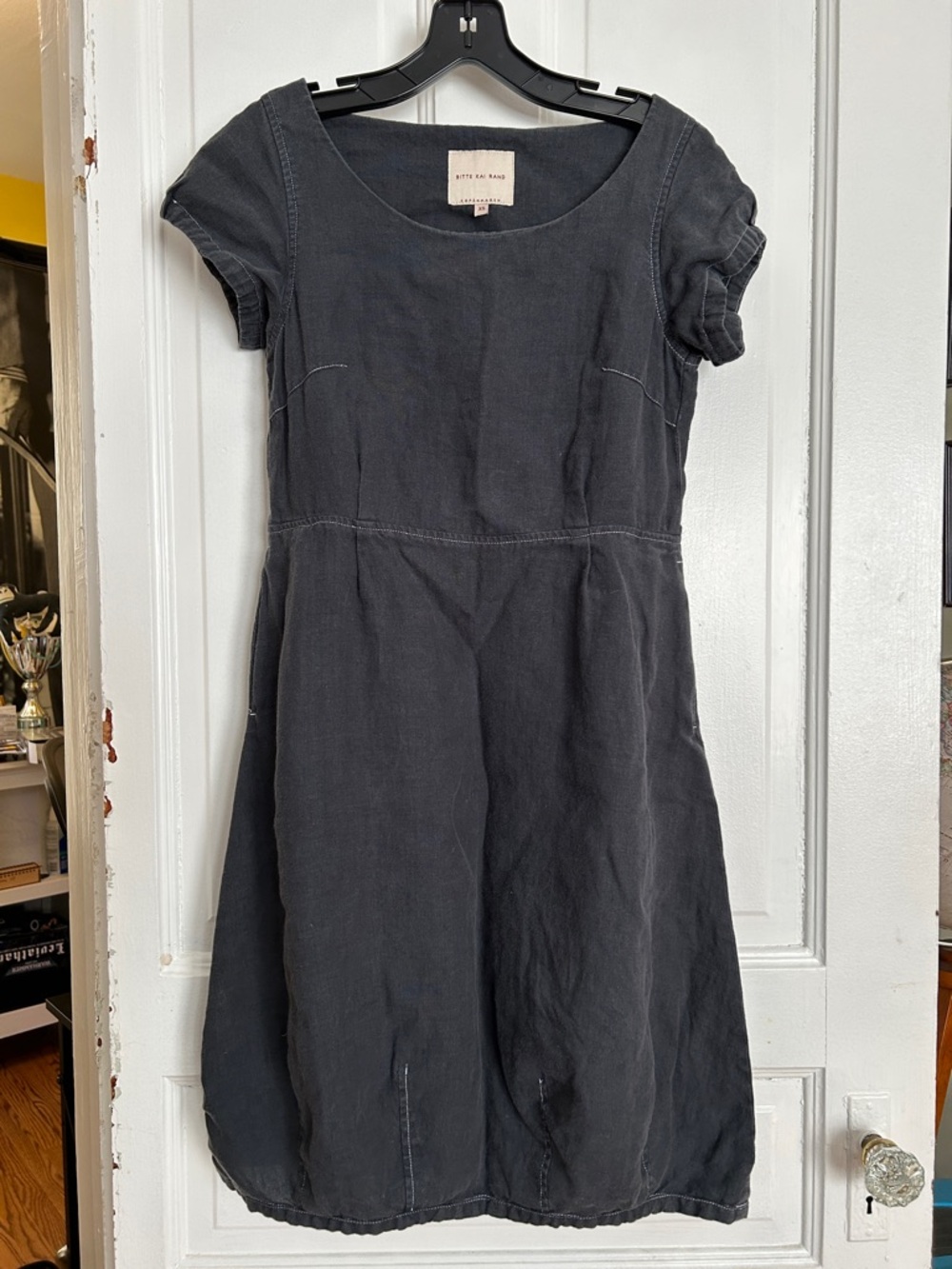Dark Charcoal Scoop Neck Short Sleeve Dress with white stitching